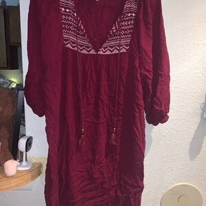 Boho Embroidered V-Neck Tunic Dress in Deep Wine